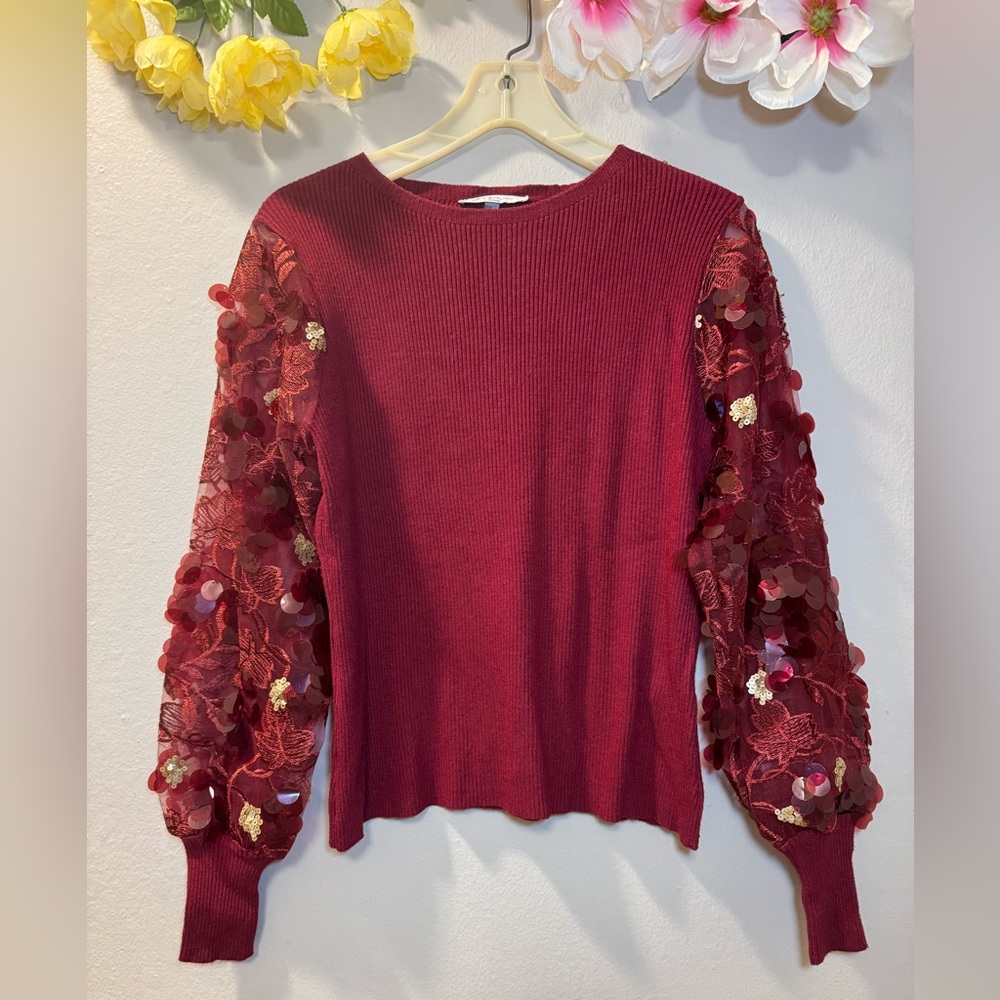 Sioni Burgundy Ribbed Sweater with Sequin Lace Puff Sleeves